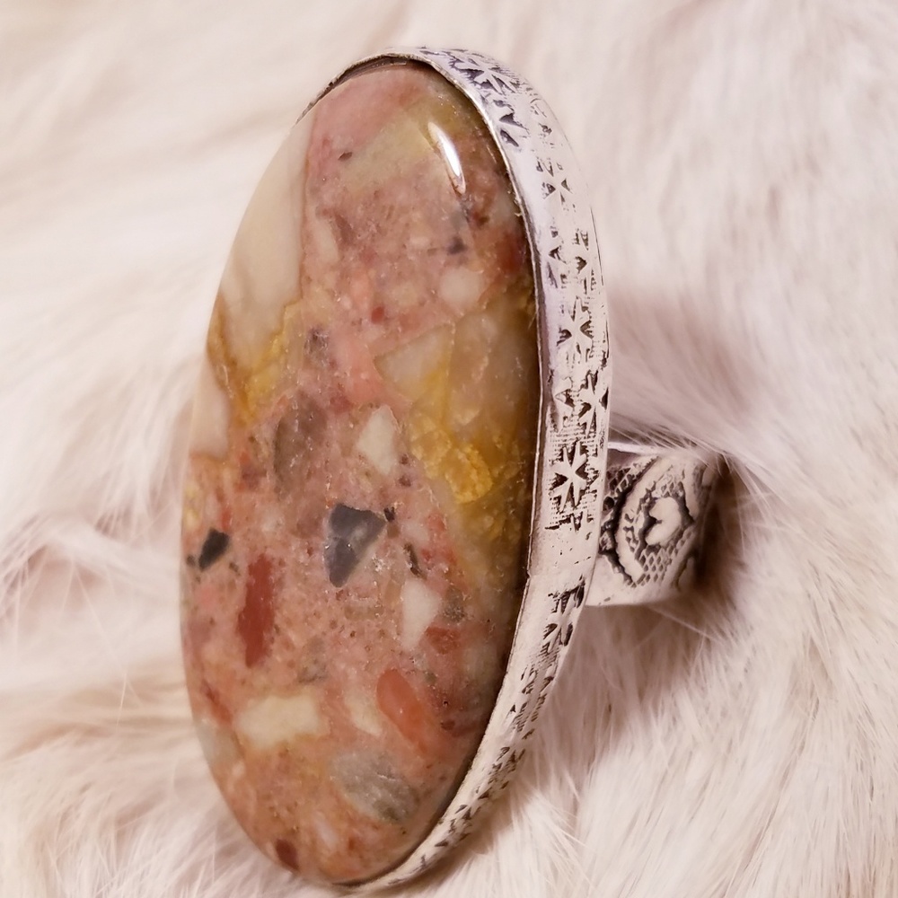 Pink calcite and silver ring